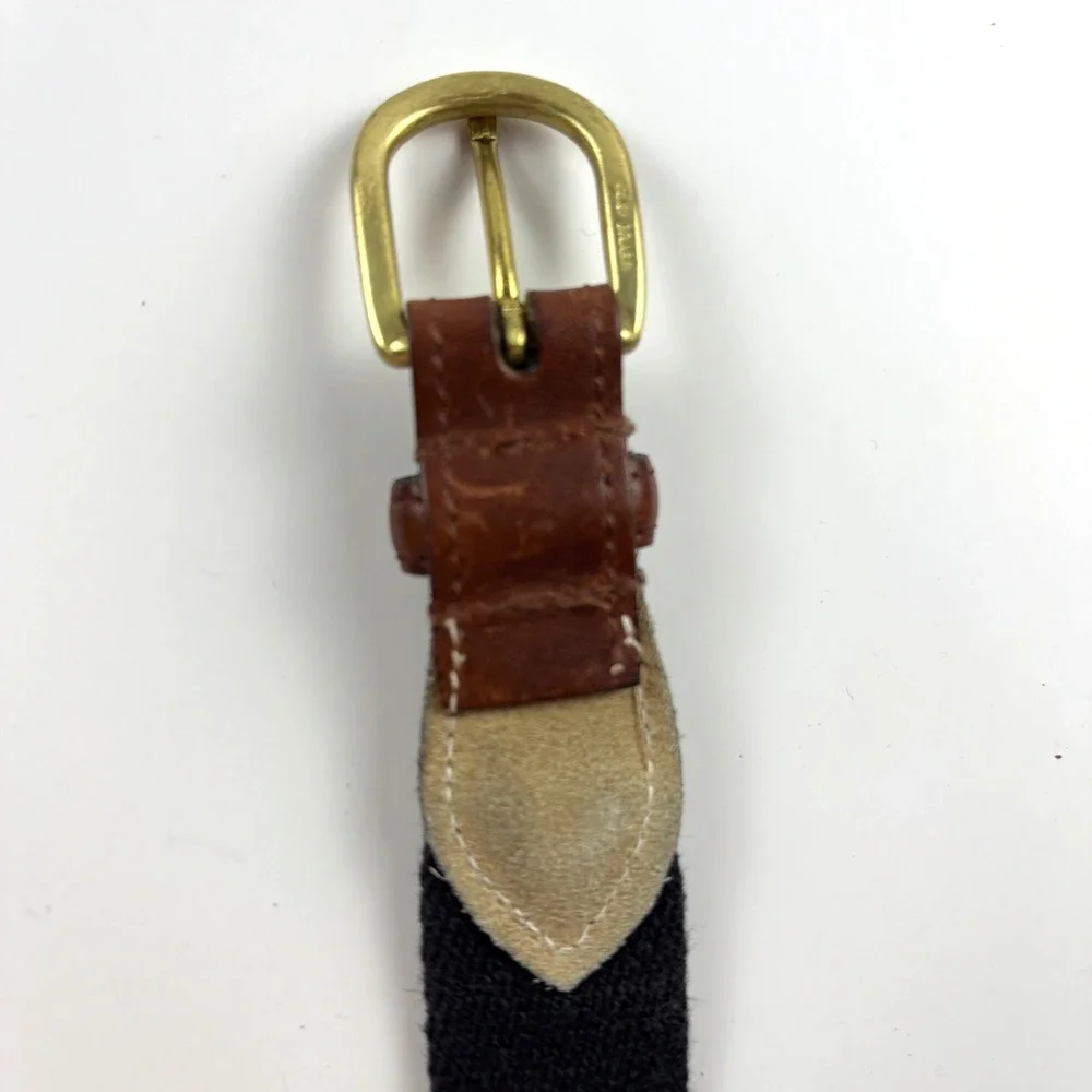 John Henry Woven Surcingle Belt Mens 36 Navy Blue Brown Leather Brass Classic
